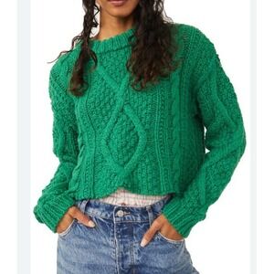 Free People Cutting Edge Cable Knit Sweater Green Cropped Boxy Chunky XSMALL  XS